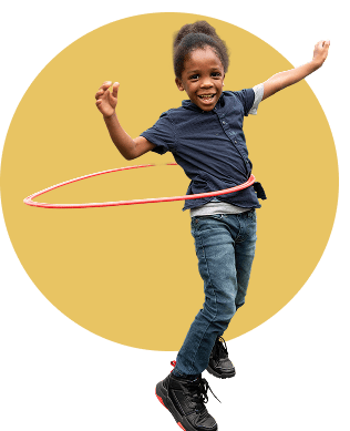 Happy girl with hula hoop promoting donation and community support.
