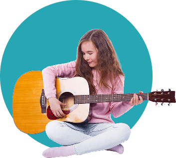 Girl playing acoustic guitar, promoting early childhood education activities.